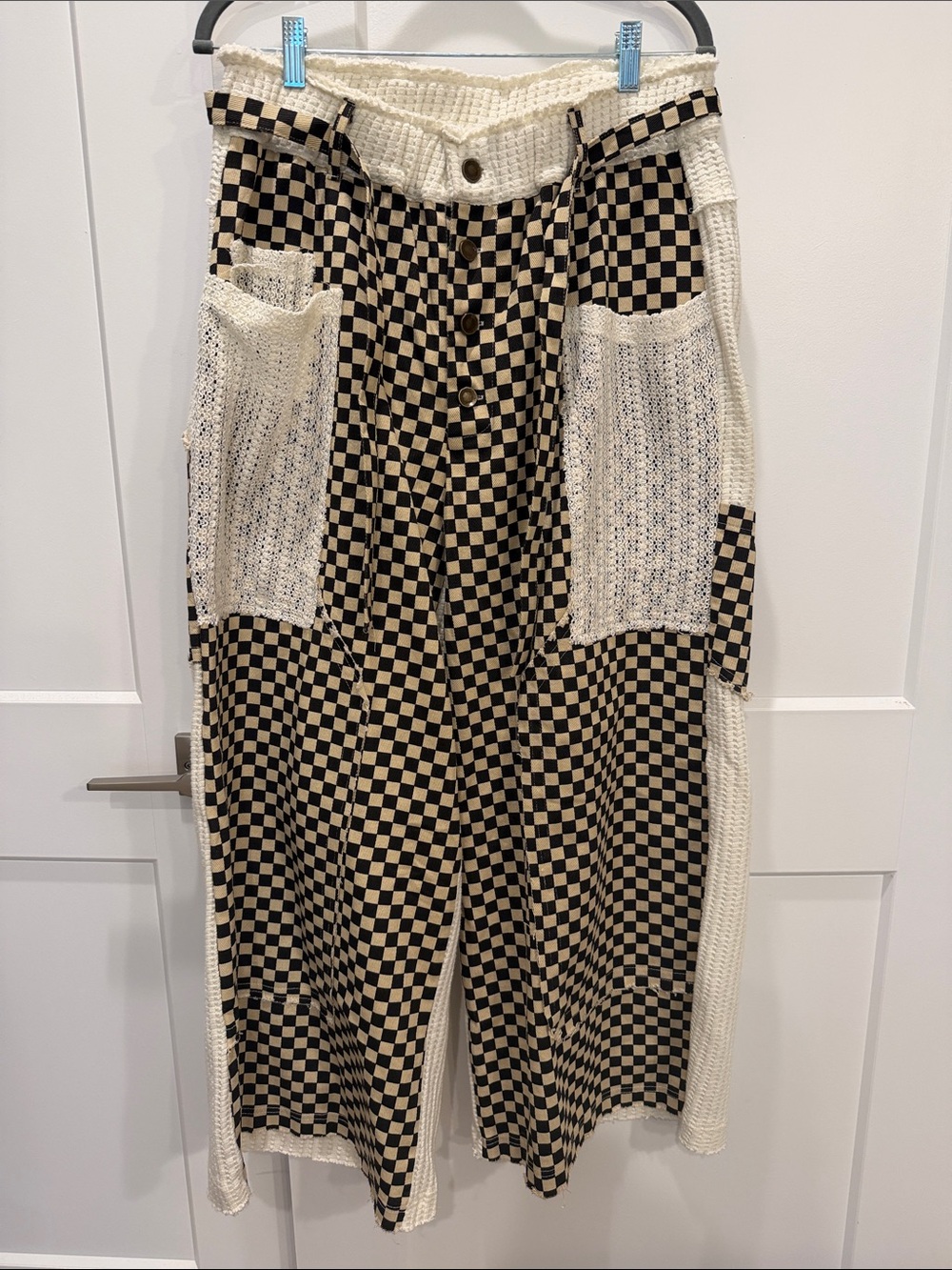 NWOT POL Checkerboard Knit Wide-Leg Pants in Cream & Black